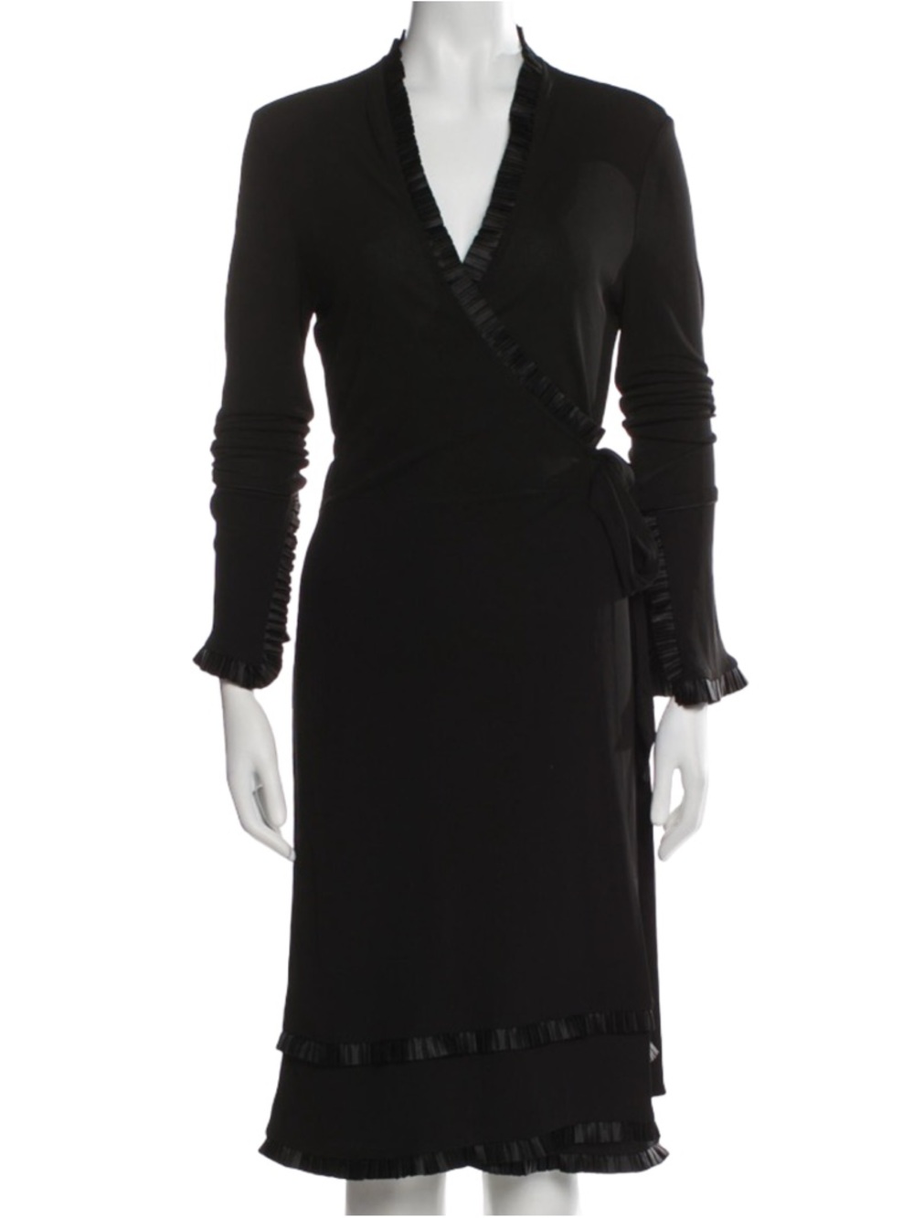 Diane Von Furstenberg Black Long Sleeve Wrap Dress with Ruffle Trim Size 10